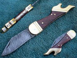 Damascus Folding Knife , Custom Hand Made Damascus Steel Blade Folding Pocket Knife