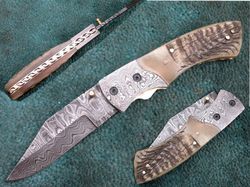 Folding Knife , Custom Made Damascus Steel Blade Pocket Knife , Hand Made Folding Knife