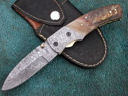 Hand Made Folding Knife Custom Made Damascus Steel Blade Folding Pocket Knife