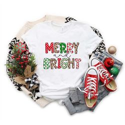 Merry and Bright Shirt, Cute Christmas Shirt, Leopard Print, Buffalo Plaid, Christmas Tree, Holiday Shirt, Womens Christ