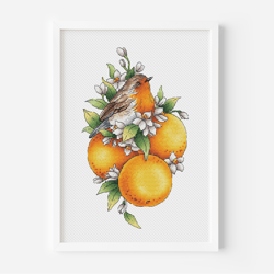 Bird Cross Stitch Digital File, Flower Cross Stitch Beginner Needlepoint, Embroidery Design Pattern PDF, Orange