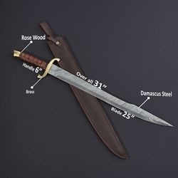 Custom HAND Forged Damascus Steel Viking Sword, Best Quality, Battle Ready Sword, Gift For Him Come With Leather Sheath.