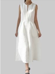 Lace Patch Round V-neck Pocket Sleeveles Cotton Dress With Belt