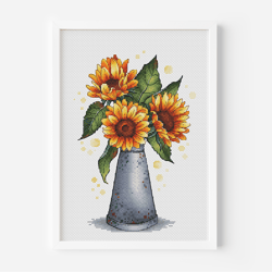 Sunflower Cross Stitch Pattern PDF, Flower Bouquet Embroidery, Metal Vase Cross Stitch, Cute Home Decor Instant Download