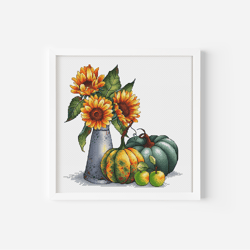 Sunflower Bouquet Cross Stitch Pattern PDF, Flower Bouquet Embroidery, Pumpkin Cross Stitch, Cute Home Decor