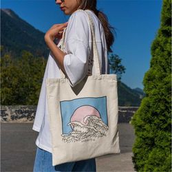 The Great Wave off Kanagawa Line Art Tote Bag -aesthetic tote bag,art tote bag,art bag,aesthetic bag,artsy tote bag,grea