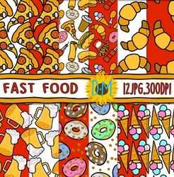 Fast Food seamless pattern, Street Food set for scrapbooking and crafting Hot Dog, Burger, Cola, Pizza, Donut, Ice Cream