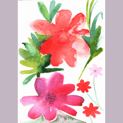 Red and purple watercolor floral abstract painting. Small watercolour floral illustration art print