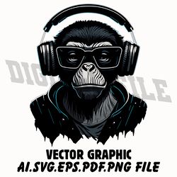 Monkey in Headphones Vector Digital file Ai,PDF,PDF,SVG,PNG files Sublimation Digital Vector File