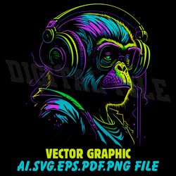 Monkey in Headphones Vector Digital file Ai,PDF,PDF,SVG,PNG files Sublimation Digital Vector File