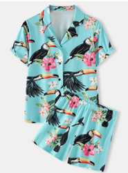 Plus Size Women Cartoon Bird Print Revere Collar Shirt & Shorts Pajama Sets