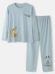 Women Cartoon Animal Letter Print Crew Neck Rib Cotton Cozy Pajamas Sets