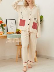 Women Letter Plant Pattern Button Front Ribbed Cotton Loungewear Pajamas Sets