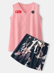 Women V-Neck Pink Tank Top & Floral Print Shorts Cotton Home Pajama Sets