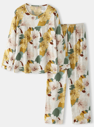 Women Bird Print Revere Collar Frills Trim Short Sleeve Pajama Sets