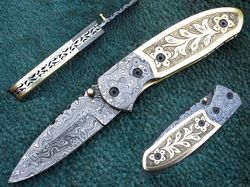 Fancy Folding Knife Superior Hand Forged Damascus Blade Folding Knife , Hand Made Pocket Knife