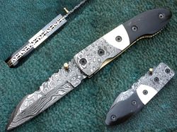 Damascus Blade Folding Knife , Hand Forged Damascus Pocket Knife