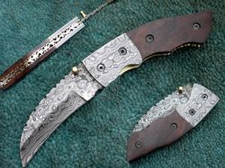 Folding Knife Custom Hand Made Damascus Steel Pocket Knife Rose Wood Handle