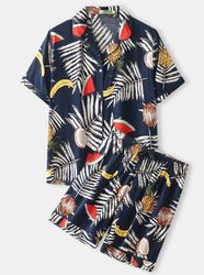 Plus Size Women Tropical Fruit & Leaf Print Revere Collar Casual Pajama Sets