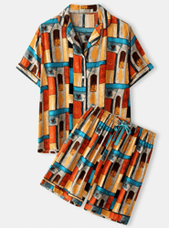 Plus Size Women Vintage Geometric Pattern Short Sleeve Revere Collar Pajama Sets
