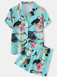 Plus Size Women Cartoon Bird Print Revere Collar Shirt & Shorts Pajama Sets