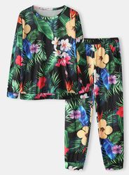 Women Flamingo Tropical Print Crew Neck Loungewear Cozy Pajamas Sets