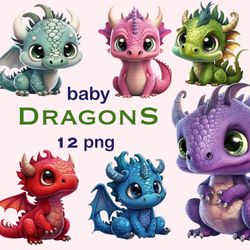Cute Baby Dragon Clipart, Dragon art png images bundle, Fantasy winged creatures colorfull artwork, Free commercial use