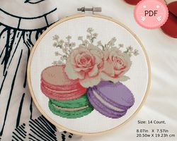 Cross Stitch Pattern,Macarons With Pink Roses,Instant Download ,X Stitch Chart,French Dessert,Flowers