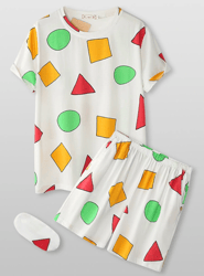 3Pcs Women Geometry Print Short Sleeve Pajamas Sets With Eye Cover SKUI04649