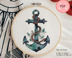 Blue Anchor Cross Stitch Pattern,Nautical Theme,DIY Embroidery Design,Coastal Needlework Project,Printable Cross Stitch