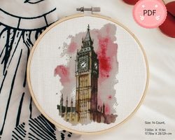 London Cross Stitch Pattern,Watercolor Big Ben, Pdf Instant Download ,England Cityscape,X Stitch Chart