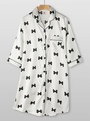 Women Faux Silk Bow Print Revere Collar Button Up Soft Shirt Nightdress