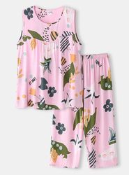 Plus Size Women Floral Print Pleated Tank Pajamas Sets With Cropped Pants
