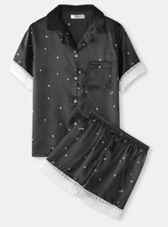 Women Flower Print Lace Trim Revere Collar Short Sleeve Home Pajama Sets