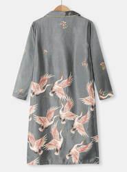 Plus Size Women Crane Pattern Ethnic Style Faux Silk Long Sleeve Home Robes