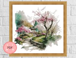 Cross Stitch Pattern ,Sakura Park, Japanese Garden , Pdf File,Asian Landscape, Asian Style,Cherry Blossom,Park Scene
