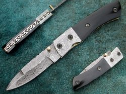 Hand Made Folding Knife , Superior Custom Made Damascus Steel Pocket Knife