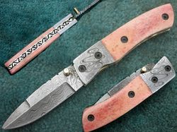 Hand Made Folding Pocket Knife , Superior Custom Made Damascus Steel Pocket Knife