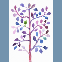 Watercolor purple tree leaves painting sketch print. Small creative botanic illustration sketch downloadable