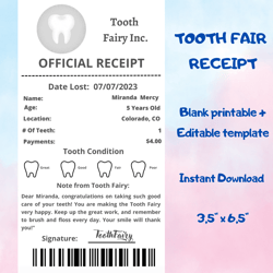 Tooth Fairy Receipt Editable Certificate Instant Download PDF Printable and Editable Canva Template