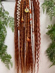 Bohemian set of textured DE dreadlocks and DE braids with curls red orange white colors 21-22 inches