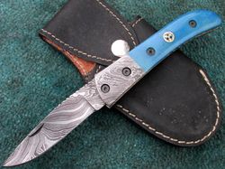 hand made damascus folding knife , stunning custom made edc pocket knife
