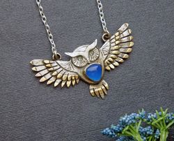 Owl necklace, bird jewelry, blue stone