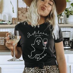 Just Here For The Boo's Shirt, Halloween Party Shirt for Women, Wine and Ghost Shirt, Funny Halloween Drinking T-Shirt