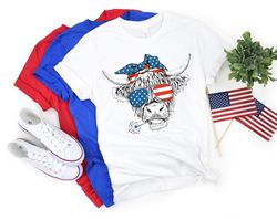 Oh My Stars Cow Shirt, Highland Cow shirt, Highland Cow With 4th July, American Flag Shirt, Fourth Of July Tee, Independ