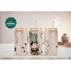 Japanese Cat Glass Cup for Women, Floral Cat Gifts For Women, Fishing Cat Libbey Cup for Girl, Cat Clear Cup, Cat Lover