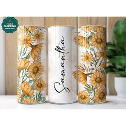 Personalized Floral Sunflower Tumbler For Her, Flora Tumbler Cup For Women, Sunflower Floral Tumbler With Straw, Sunflow