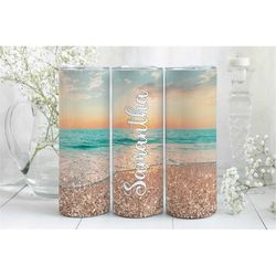 Personalized Beach Tumbler With Straw, Summer Vacation Tumbler For Her, Personalized Beach Theme Tumbler Cup, Sunset Bea