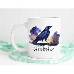 Crow mug, Ravin mug, custom name coffee mug, crow gift, watercolor crow art, raven coffee mug, dishwasher safe