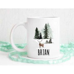 Deer mug, hunter coffee mug, gift for hunter, deer in the woods, hunting mug, custom name coffee mug, dishwasher safe